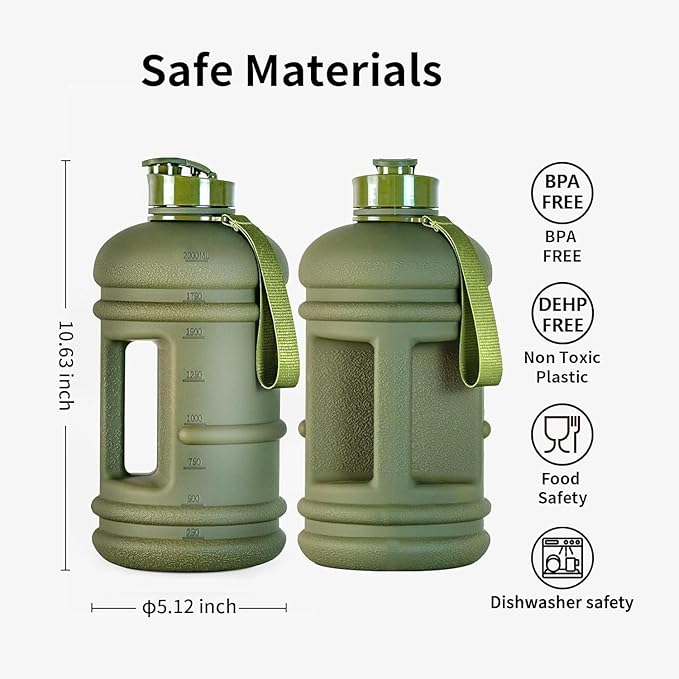 TOOFEEL 2.2 Liters Gym Big Sports Water Bottles for Men - Reusable BPA Free Plastic Clear Water Jug - Unique Water Bottles, Comfurtable to Touch and Easy to Clearn - Matte Olive Water Boottle