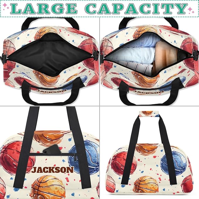 Personalized Basketball Gym Duffel Bags for Kids Boys, Custom Name Sport Training Travel Bags for Overnight Weekender, Beige