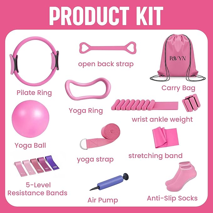 Pilates Kit 16- Pieces with Adjustable Resistance – Fitness Ring, Exercise Ball, Bands, Wrist Weights & Essential Pilates Equipment for Home Workouts - Versatile Fitness Accessories