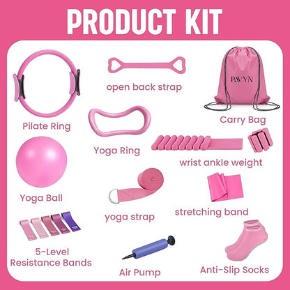 Pilates Kit 16- Pieces with Adjustable Resistance – Fitness Ring, Exercise Ball, Bands, Wrist Weights & Essential Pilates Equipment for Home Workouts - Versatile Fitness Accessories