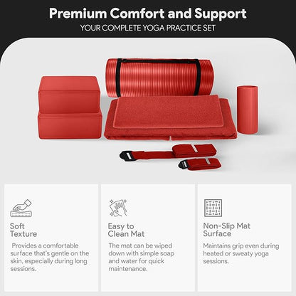 BalanceFrom 7-Piece Yoga Set with 71x24x1 Inches Extra Thick Mat and Carrying Sling – Includes 2 Blocks, Stretch Strap, 2 Towels, and Knee Pad for Home, Studio, and Gym Workouts