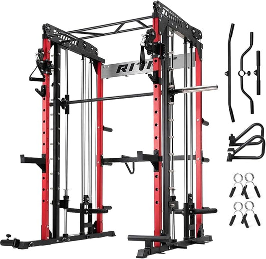 RitFit M1 Pro Smith Machine with Cable Crossover System, Multi-Function Squat Rack Power Cage for Home Gym, Power Rack and Packages