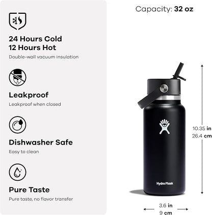 Hydro Flask Water Bottle - Insulated Stainless Steel - Wide Mouth Flex Straw Lid, Non Spill, Leakproof and Refillable in 32 Oz Western Dark Blue