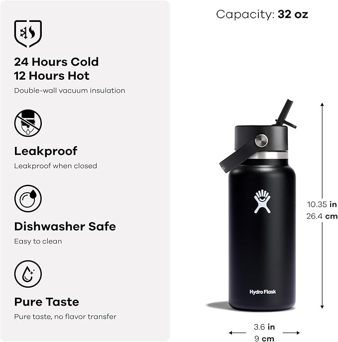 Hydro Flask Water Bottle - Insulated Stainless Steel - Wide Mouth Flex Straw Lid, Non-Spill, Leakproof and Refillable in 32 Oz Glimmer Pink