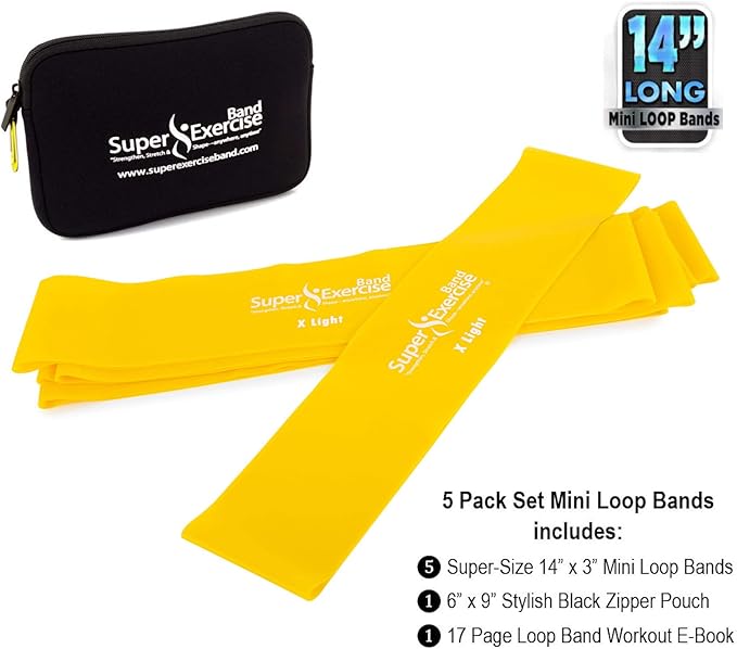 USA 14" x 3" Extra Long Latex Free Mini Loop Bands in 3, 5, 10 Pack Sets. 10 Strengths for Resistance Training, Stretching, Yoga, Toning. Plus an Exclusive iPhone App and E-Book.