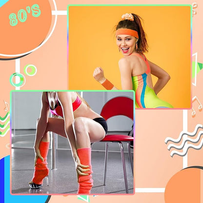 80s Neon Workout Costume Accessories Set 10 PCS Leg Warmers for Women 80s Headband Wristband Fanny Pack for Yoga Running