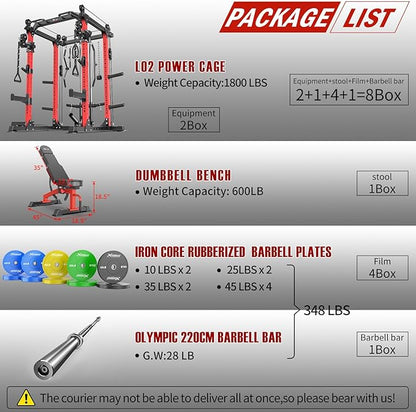 Power Cage Multi-Function Power Rack with Cable Crossover System,1800 LBS Capacity Squat Rack with Weight Bench,for Home Gym