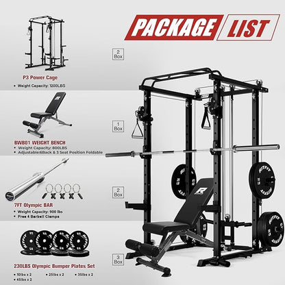 RitFit Multi-Function Garage & Home Gym Package Includes 1200LBS Power Cage PPC03/P3 with Cable Crossover System, Weight Bench, Olympic Barbell Weight Set, Full Body Workout