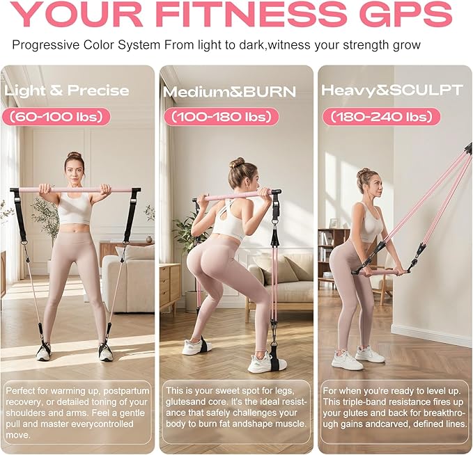 Pilates Bar Kit with Resistance Bands – Adjustable Home Gym Workout Equipment for Women & Men – Portable Pilates Equipment for Squats, Yoga & Full Body Toning