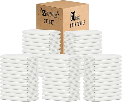 ZUPERIA White Bath Towels Bulk 60 Pack (20 x 40 Inches) - 100% Cotton Economy Light Weight Towels for Commercial Use - Quick Dry, Ultra-Soft, and Absorbent Bulk Towels