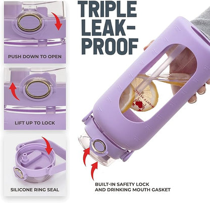 64 Oz Water Bottle with Time Marker & Straw - Violet Pregnancy 2 Liter Glass Water Bottles with Measurements - Daily intake bottle - Leakproof Borosilicate jug