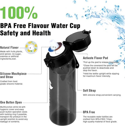 Air Scent Water Bottle with 12 Flavor Pods 650ML Fruit Fragrance Scented Water Cup BPA Free 0% Sugar For Fitness And Outdoor (1 Bottle Black+12 pods in random flavors)