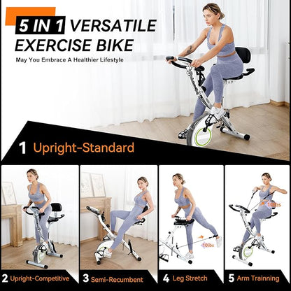 Foldable Exercise Bike Stationary Bikes for Home, 5 IN 1 Indoor Workout Bike, Cycling Bike with 16-Level Quiet Magnetic Resistance, 6.6 LBS Flywheel and 300LBS Capacity for Senior and Home Workout