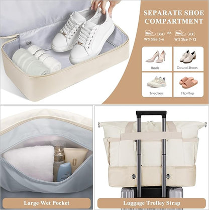 ETRONIK Gym Bag for Women, 45L Carry On Travel Duffel Bag with Shoes Compartment, Weekender Overnight Bag with Wet Pocket & USB Charging Port for Women, Travel, Gym, Weekend, Large Size (Khaki//Beige)