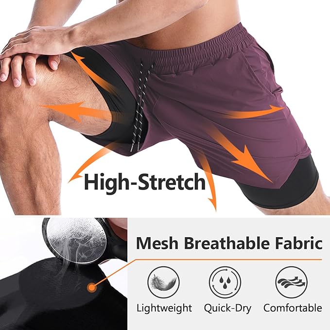 Aolesy Men's 2 in 1 Running Shorts 5" Workout Gym Athletic Shorts for Men Quick Dry Lightweight Training Shorts with Pockets
