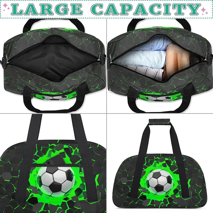 Green Soccer Kids Duffel Bag for Boys, Football Sports Gym Bag Overnight Travel Weekender Bag Lightweight Carry On Sleepovers Bag for School Practice Gymnastics