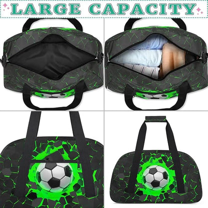 Green Soccer Kids Duffel Bag for Boys, Football Sports Gym Bag Overnight Travel Weekender Bag Lightweight Carry On Sleepovers Bag for School Practice Gymnastics
