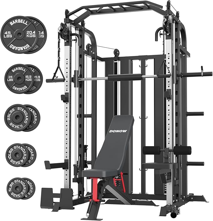 DONOW Smith Machine with Weight Stacks, Multi Function Home Gym System Training Power Cage Squat Rack Dual Cable Crossover Machine All in One