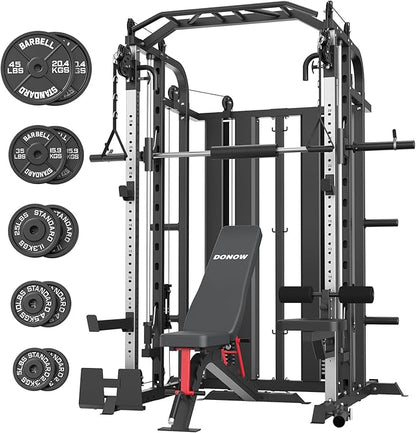DONOW Smith Machine with Weight Stacks, Multi Function Home Gym System Training Power Cage Squat Rack Dual Cable Crossover Machine All in One