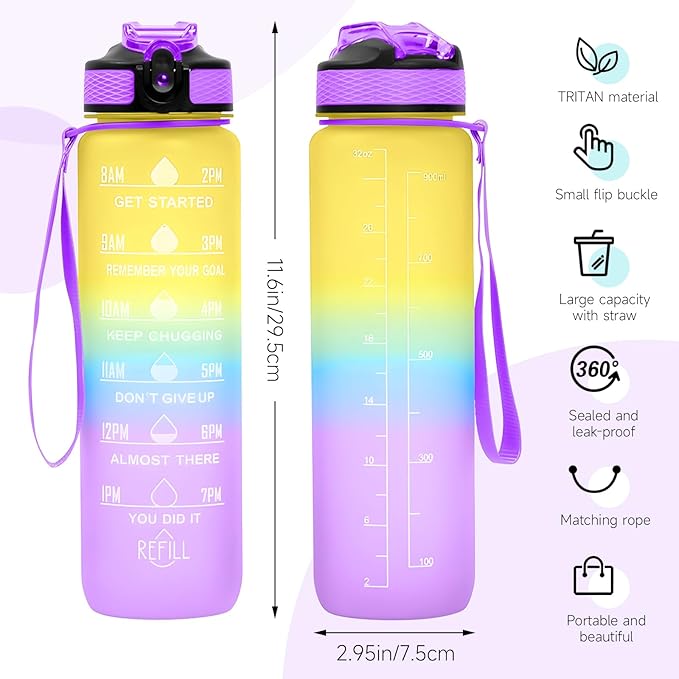 32 oz Motivational Water Bottle with Time Marker,Water Bottles with Times to Drink and Straw with Carrying Strap,Perfect For Fitness Gym Outdoor,BPA Free (Colorful)
