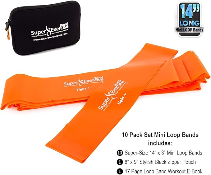 USA 14" x 3" Extra Long Latex Free Mini Loop Bands in 3, 5, 10 Pack Sets. 10 Strengths for Resistance Training, Stretching, Yoga, Toning. Plus an Exclusive iPhone App and E-Book.