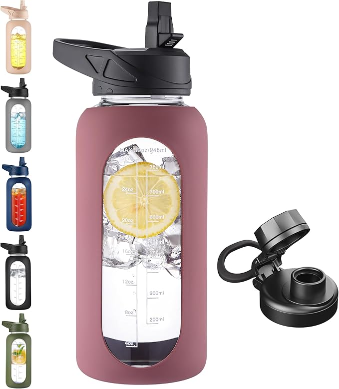 CIVAGO 32 oz Glass Water Bottle with Straw and Handle, Large Sports Motivational Water Bottle Flask with Time Marker and 2 Lids, Leakproof Water Jug Canteen with Silicone Sleeve for Gym, Rose Taupe