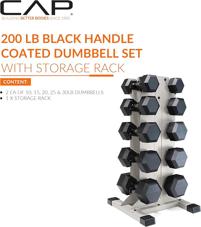CAP Barbell Rubber Coated Hex Dumbbell Set with Vertical Rack | 100-300 lbs Free Weights Dumbbells Set for Home Gym | Multiple Options