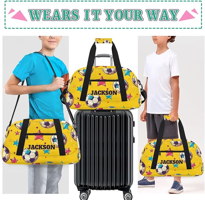 Personalized Soccer Yellow Gym Duffel Bags for Kids Boys with Custom Name Sport Training Travel Bags for Overnight Weekender