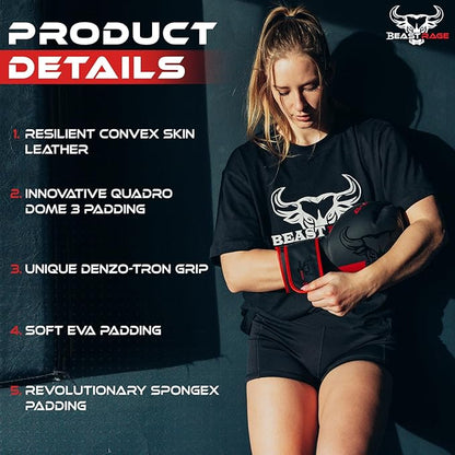 BEAST RAGE Boxing Gloves Muay Thai Kickboxing MMA Fight Bag Training Punch Hitting Workout Men Women Sparring Fitness Mitts Heavy Padded Martial Arts Sports