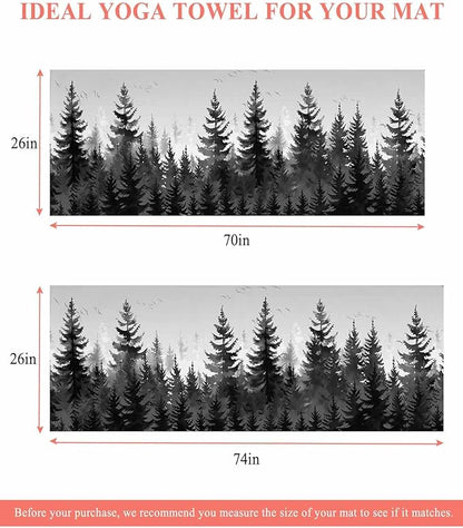 Forest Yoga Mat Towel with Corner Pockets for Hot Yoga Non Slip,Absorbent Yoga Blankets Microfiber Soft Gym Sweat Working Out Fitness Pilates Towels 70"x26" Rustic Grey Foggy Pine Tree Anmal Birds