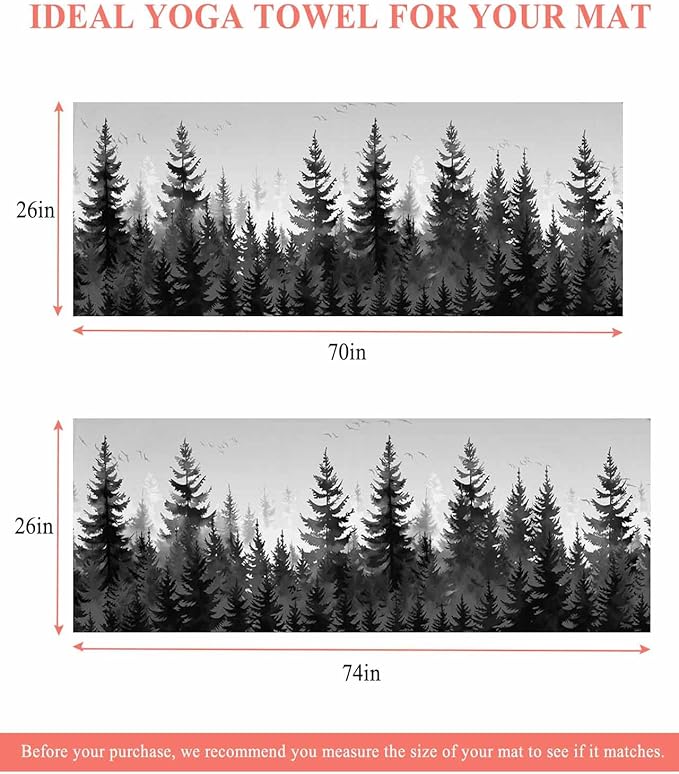 Forest Yoga Mat Towel with Corner Pockets for Hot Yoga Non Slip,Absorbent Yoga Blankets Microfiber Soft Gym Sweat Working Out Fitness Pilates Towels 74"x26" Rustic Grey Foggy Pine Tree Anmal Birds
