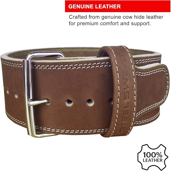 Steel Sweat Weight Lifting Belt - 4 Inches Wide by 10mm - Single Prong Powerlifting Belt that's Heavy Duty - Vegetable Tanned Leather - HYDE Brown Large