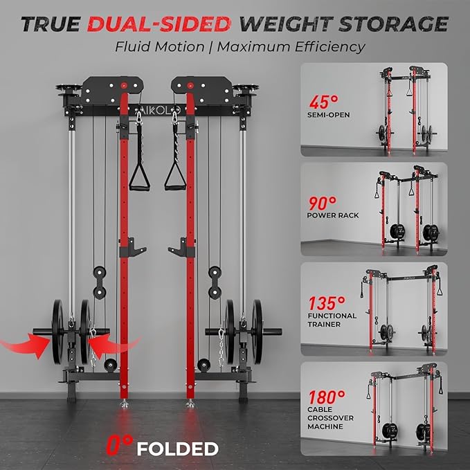 Mikolo Folding Squat Rack, Wall Mounted Power Rack with Cable Crossover Machine & LAT Pull Down, Functional Trainer with 5 Adjustable Function Modes, for Home Gym and Space Saving