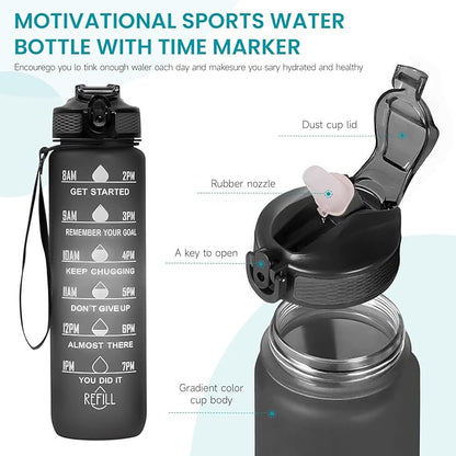 32 oz Water Bottles with Times to Drink and Straw, Motivational Water Bottle with Time Marker, Leakproof & BPA Free, Drinking Sports Water Bottle WIth Hand Strap for Fitness, Gym & Outdoor (black)