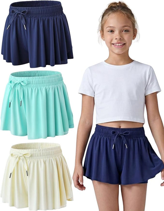 3 Pack Girls Flowy Shorts with Spandex Liner 2-in-1 Youth Butterfly Skirts for Fitness, Running, Sports