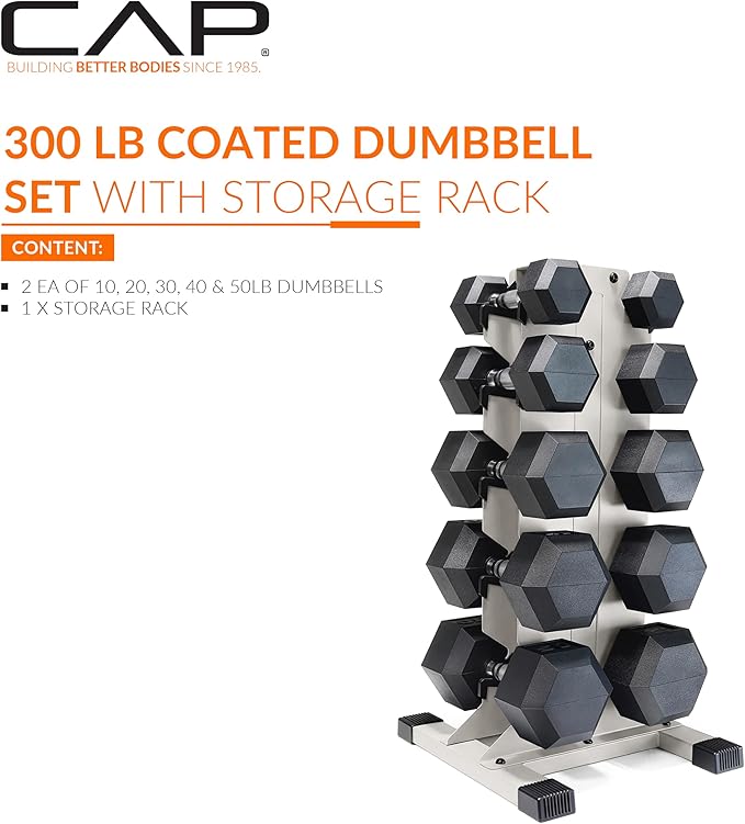 CAP Barbell Rubber Coated Hex Dumbbell Set with Vertical Rack | 100-300 lbs Free Weights Dumbbells Set for Home Gym | Multiple Options