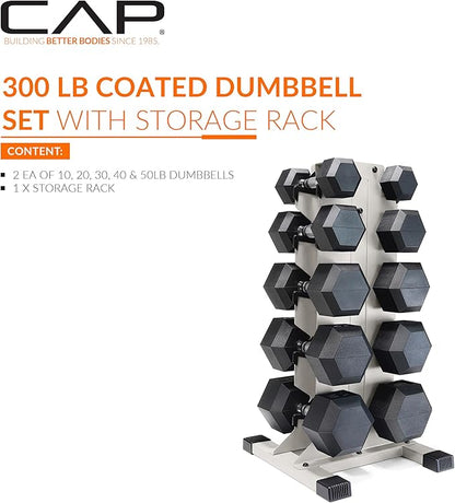 CAP Barbell Rubber Coated Hex Dumbbell Set with Vertical Rack | 100-300 lbs Free Weights Dumbbells Set for Home Gym | Multiple Options