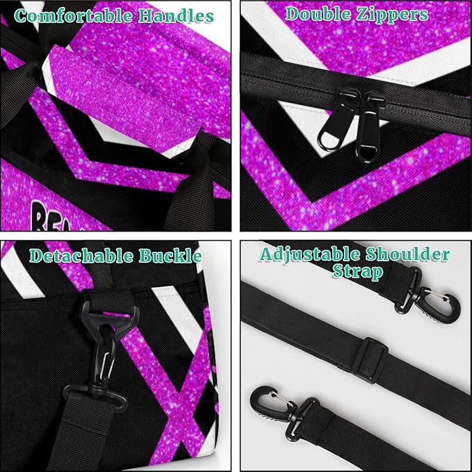 Custom Sports Duffel Cheerleaders Bag Girls, Sports Travel Bag Tote Carry On Weekender Gym Dance Cheer Sleepover Bag, Bright Purple Glitters Black