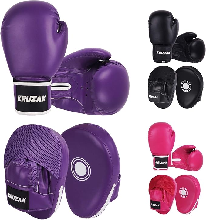 Kruzak Plain Focus Mitts and Boxing Gloves Set for Kickboxing and Muay Thai MMA Training - Fitness Kit with Punching Pads for Martial Arts and Karate