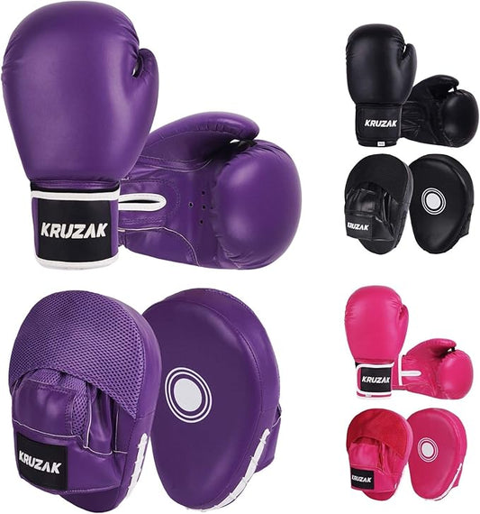 Kruzak Plain Focus Mitts and Boxing Gloves Set for Kickboxing and Muay Thai MMA Training - Fitness Kit with Punching Pads for Martial Arts and Karate