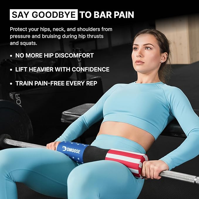 DMoose Fitness Barbell Pad for Hip Thrust, Squat & Lunges - Non-Slip Thick Foam Cushion for Neck and Back Support with Two Straps - Hip Thrust Pad for Leg Day - Fits All Olympic Bars and Smith Machine