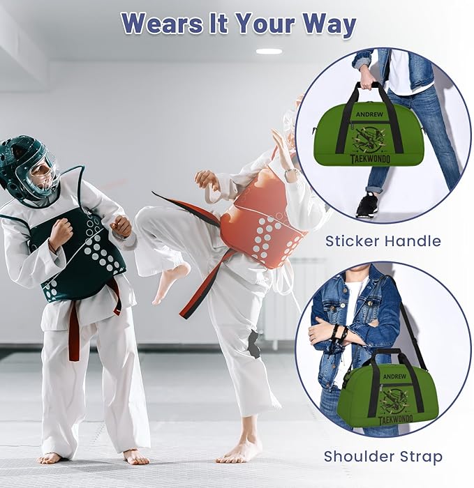 Custom Name Taekwondo Karate Duffle Bag for kids Boy Girls - Personalized Martial Arts Gear Bag, Water-Resistant Sparring Equipment Bag, Taekwondo Green