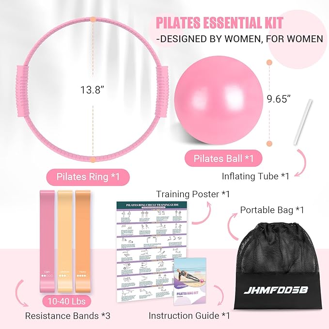 Pilates Ring Set, Pilates Essentials Kit with Pilates Ring and Ball, 3 Resistance Bands, Portable Bag & Training Poster, at Home Pilates Starter Workouts Equipment Kit for Women