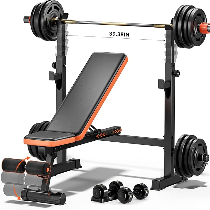 Fostoy 770lbs Weight Bench Set with Squat Rack, 5 in 1 Workout Bench Press With Removable Foot Catch, Adjustable Flat Incline Sit Up Bench for Home Gym Full Body Strength Training