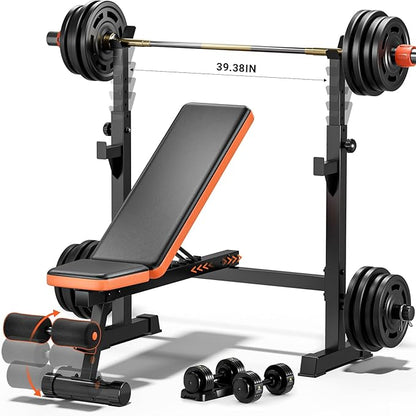 Fostoy 770lbs Weight Bench Set with Squat Rack, 5 in 1 Workout Bench Press With Removable Foot Catch, Adjustable Flat Incline Sit Up Bench for Home Gym Full Body Strength Training