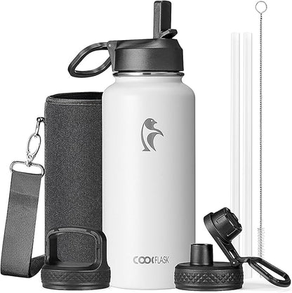 Coolflask Water Bottle 32 oz Insulated with Straw, Stainless Steel Metal 3 Lids Water Flask Wide Mouth for Sports or Office, Non-BPA Keep Cold Up to 48 Hrs or Hot Up to 24 Hrs, White