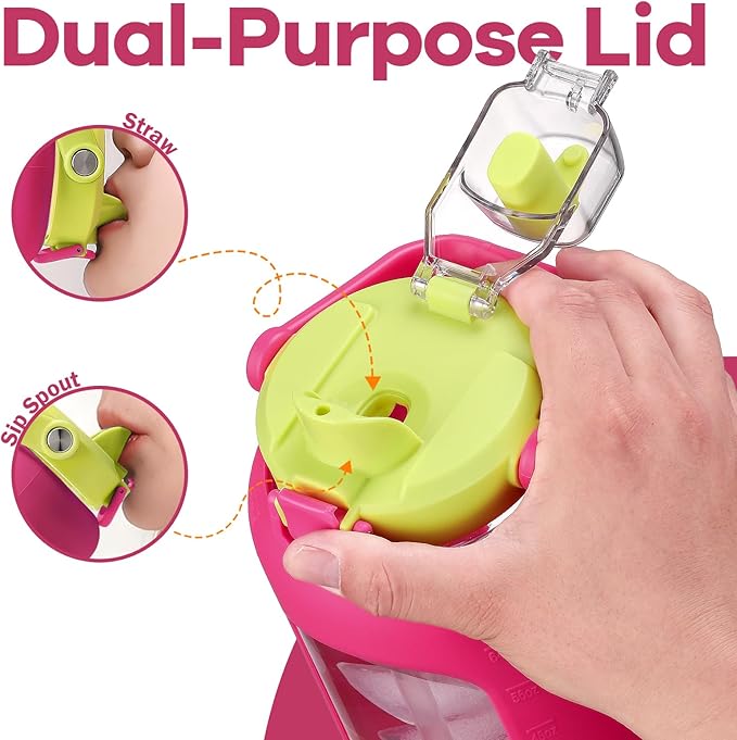 72oz Glass Water Bolttles, 3-in-1 Straw and Sip Spout Handle Lid, Half Gallon Water Bottle with Time Marker and Silicone Sleeve, BPA-Free Sports Water Bottle for Gym, School, Bright Pink