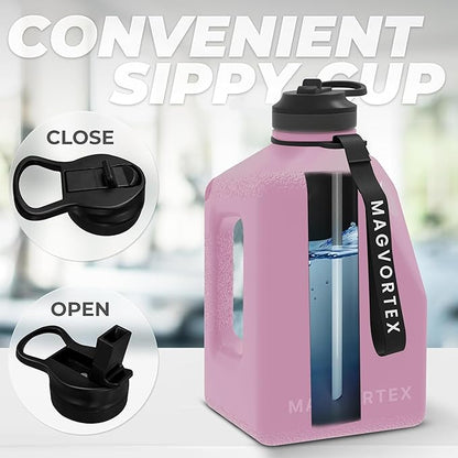 91oz Gym Daily Water Bottle Pink – Large BPA-Free PETG Jug with Magnetic Plate Phone Mount, Leakproof Flip-Top Lid, Wide Mouth for Ice, Straw, Carry Strap, Stable Base, Time Marker