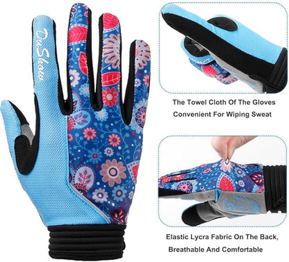 DuShow Bike Gloves for Women Cycling,Pink Floral Workout Gloves Women,Full Finger Biking Driving Riding Gloves for Women,Gel Padded Touch Screen Gym Gloves