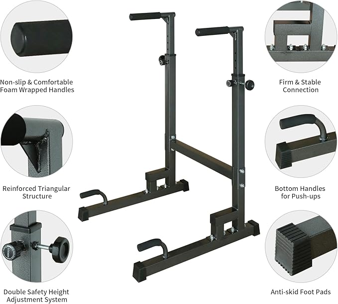 Adjustable Power Tower Dip Stand Station with Bench Pull Up Bar - Heavy Duty Multi-Function Fitness Equipment for Home Gym, Black